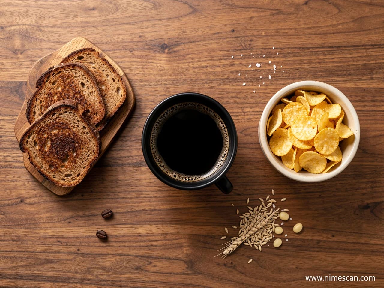 Un flat lay éditorial en vue de dessus des trois principales sources d'acrylamide — une tasse de café torréfaction foncée, une assiette de pain grillé foncé et un bol de chips de pommes de terre — disposés sur une surface en bois chaud, illustrant les produits du quotidien au cœur de la proposition de l'UE de limites contraignantes fin 2026